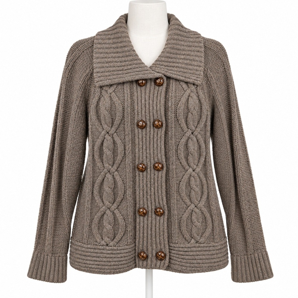 Vintage Y2K Wool Cable Knit Button Sweater Size XL Brown Heritage Preppy Cottage